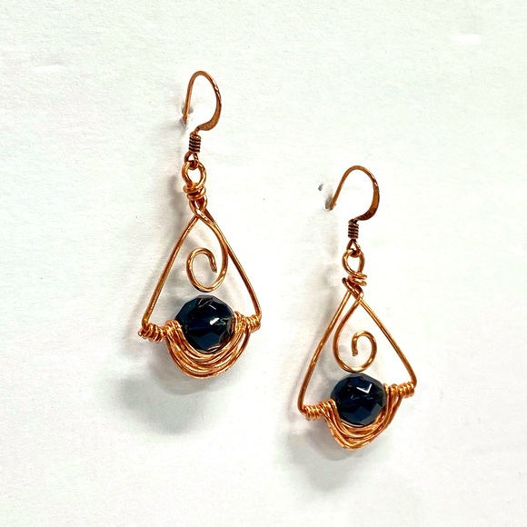 HANDMADE Vintage Faceted Glass Bead HandWrapped Pure Bare Copper Modern Earrings - Picture 6 of 10